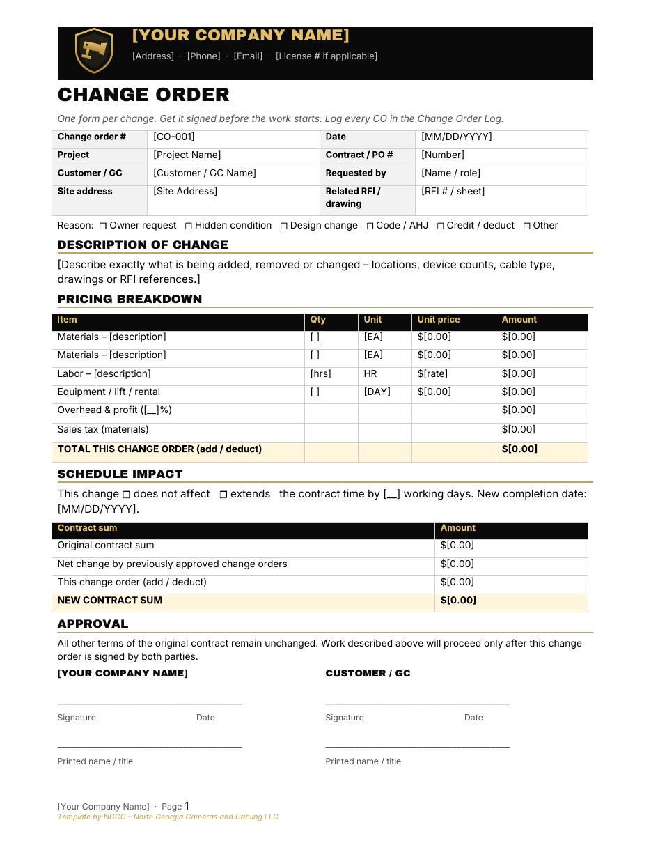 Change order form preview