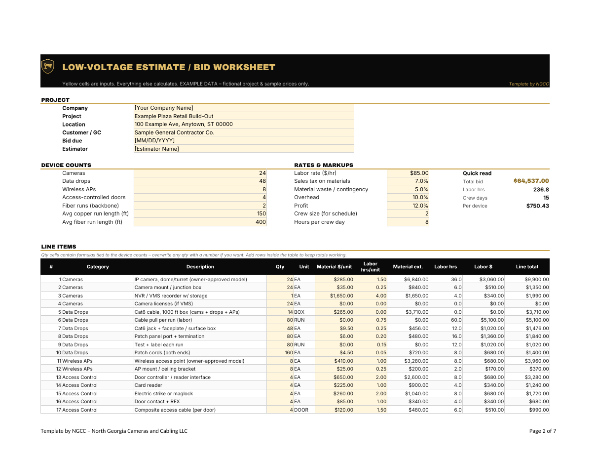 Estimate workbook preview